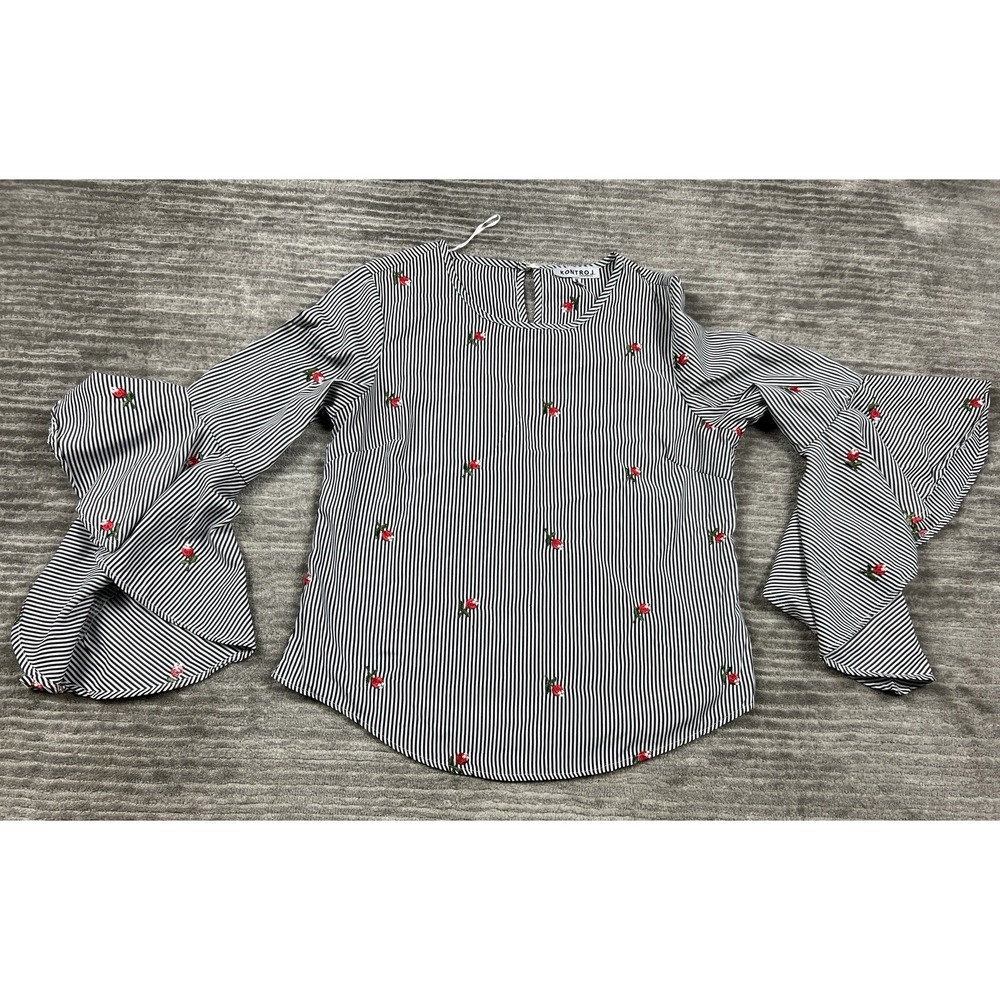 Kontrol Contemporary Top Womens‎ Medium Striped Bellsleeve Floral Embroidered